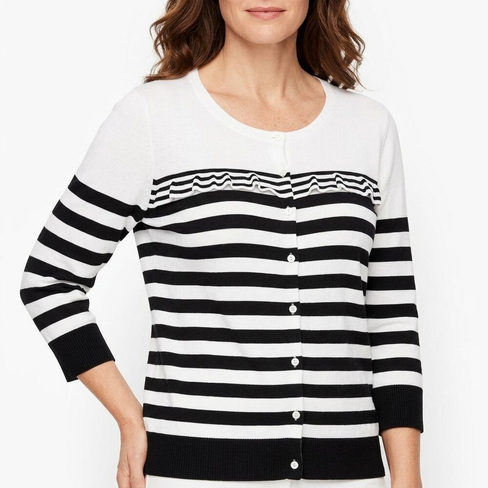 Talbots Black White Striped Button Front Cardigan Sweater Women Size X